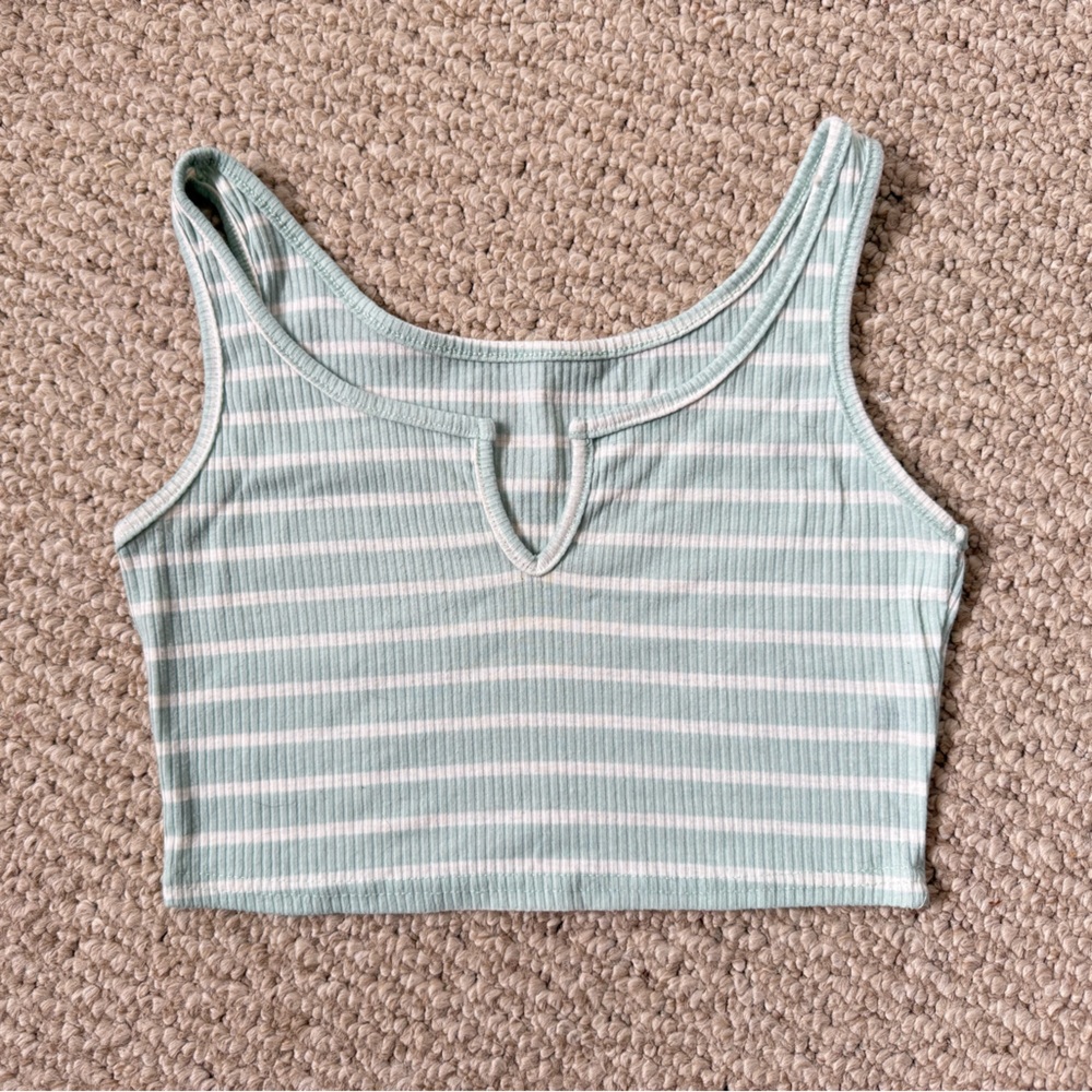 Mint Green Striped Ribbed Crop Tank Top